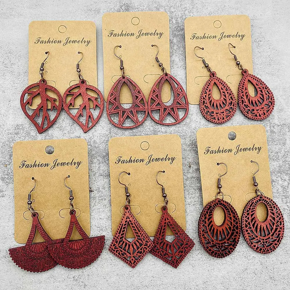 Vintage Hollowed Out Wooden Earrings Fashionable  Bohemian Style Creative Geometric Earrings Set for Women's Daily Wear