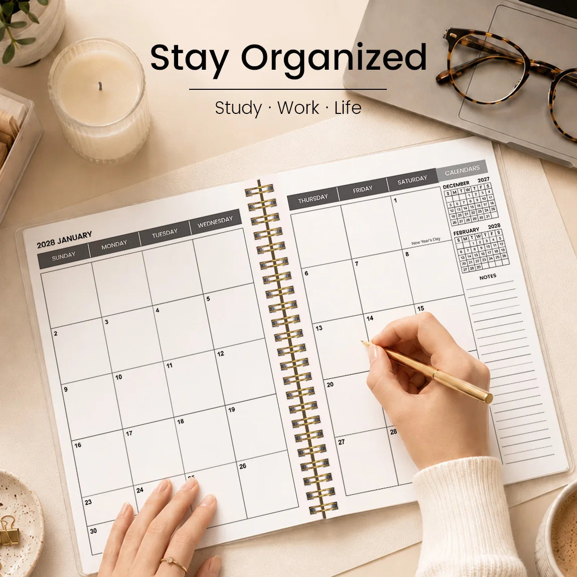 2026-2028 Academic Planner Jul 2026-Jun 2028, A5 Monthly Planner with Notes Pages, Reference Calendars & Gold Coil
