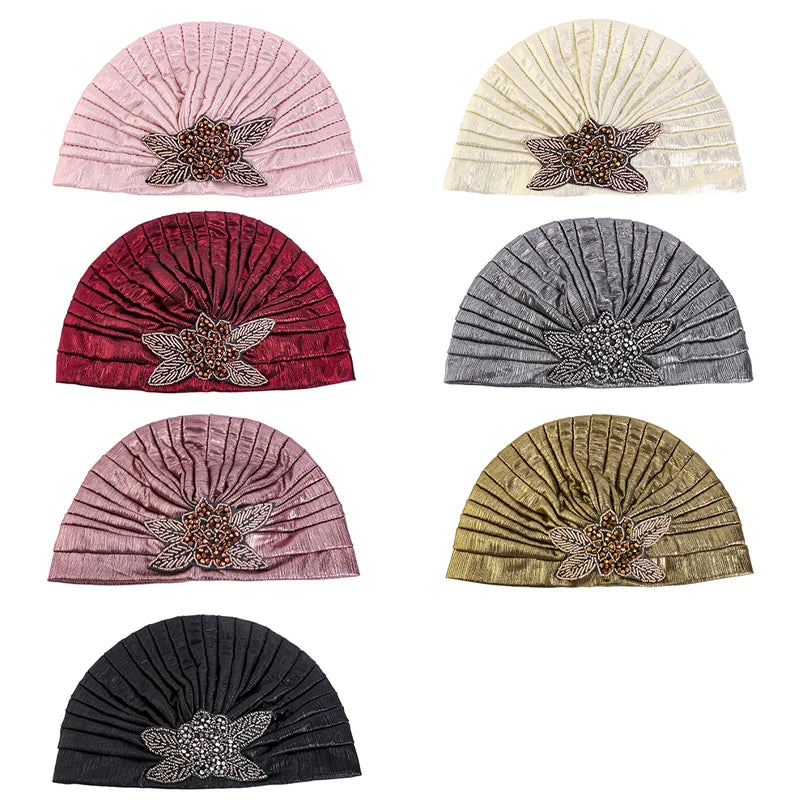 New Women Rhinestone Flower Pleated Turban Cap Ethnic Indian Hat Vintage Non Slip Head Band Chemo Cap Beanies Hair Accessories - NamafadStore