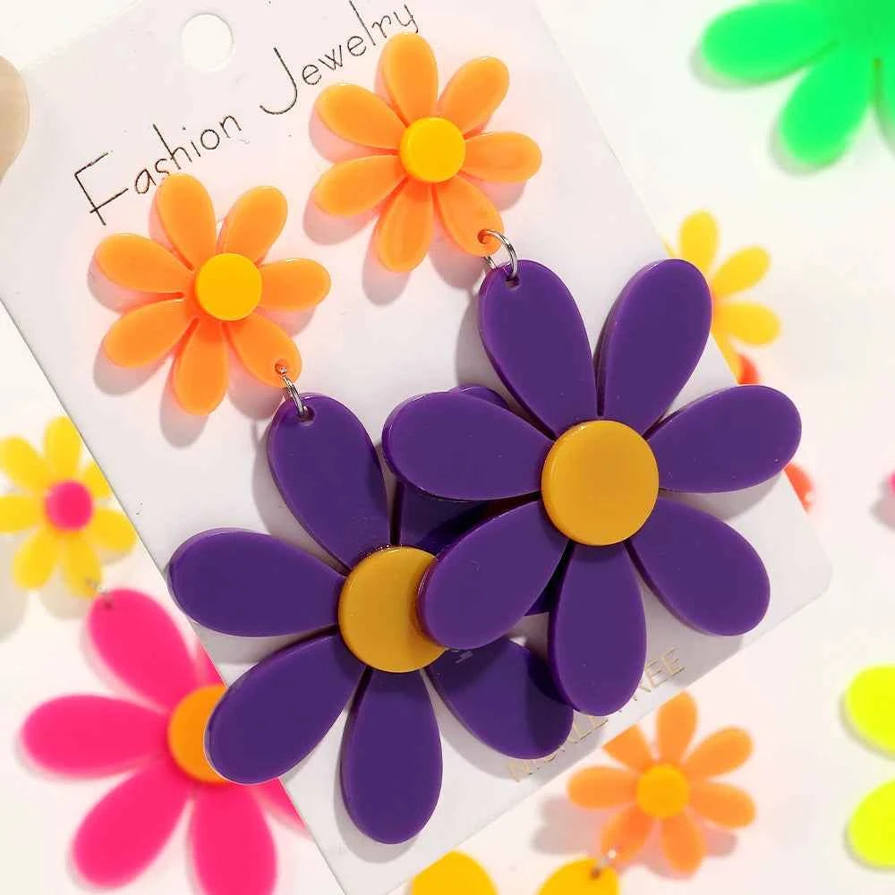 Boho Colorful Acrylic Sunflower Long Earrings for Women Korean Trendy Big Daisy Flower Drop Earring Cute Jewelry Birthday Gifts
