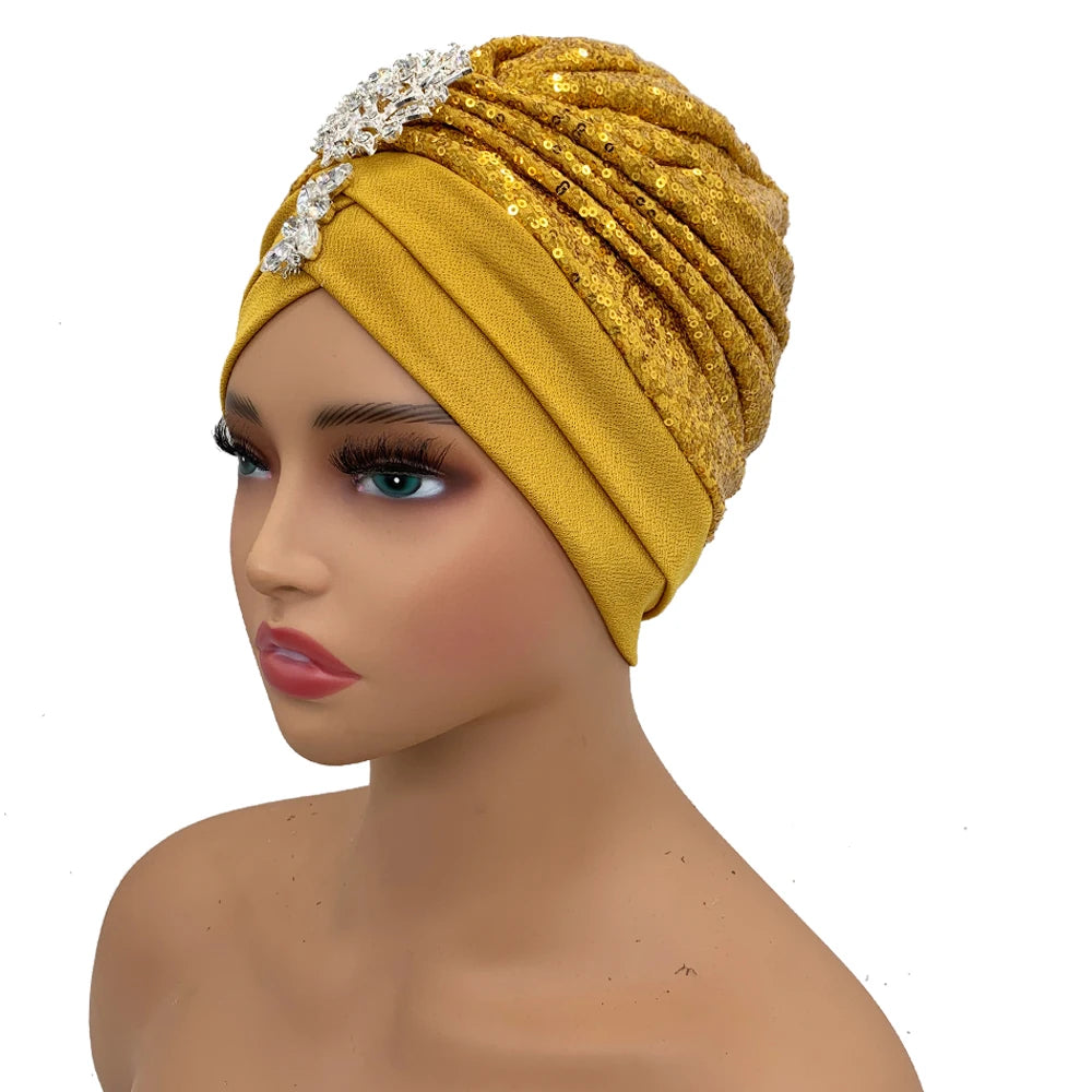 Luxury Rhinestones Turban Cap for Women Soft Comfortable Head Wraps Muslim Headscarf Bonnet  Turbante Mujer - NamafadStore