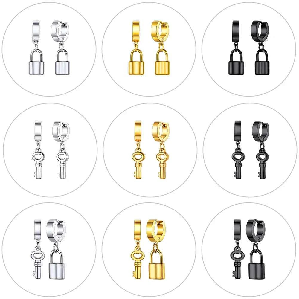 Stainless Steel Charms Dangle Drop Earrings Ankh Cross Padlock Italian Horn Evil Eye Key Lock Rivets Moon Unisex Drop Earrings