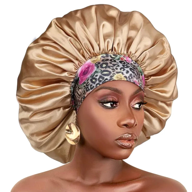 New Big Size Floral Print Bonnet Satin Wide Elastic Band Beanie Night Sleep Caps Head Cover African Headwrap Turban Chemo Caps - NamafadStore