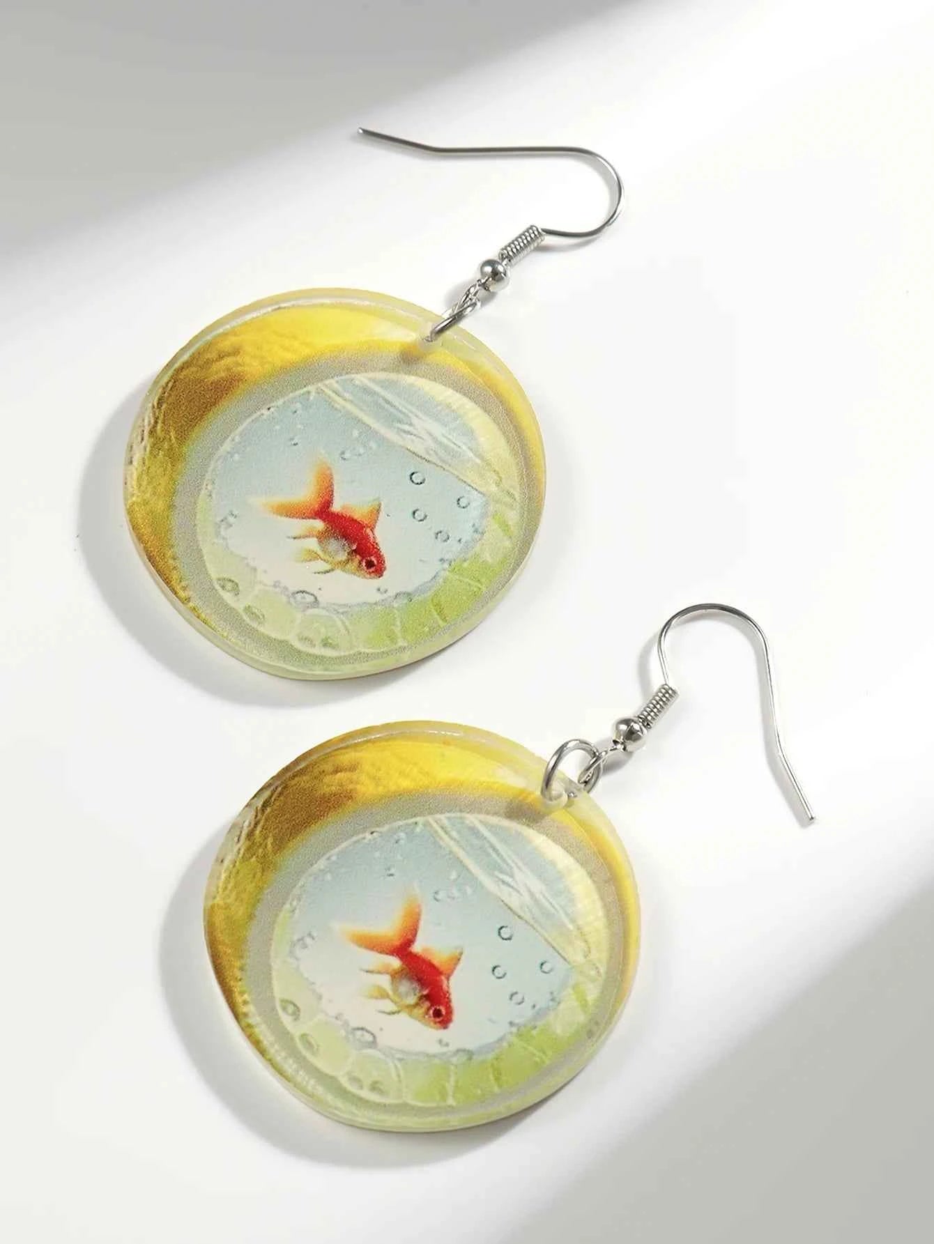 Cute Cartoon 2D Lemon Fish Acrylic Print Drop Earrings for Women Funny Round Carp Dangle Earring Creative Jewelry Birthday Gift