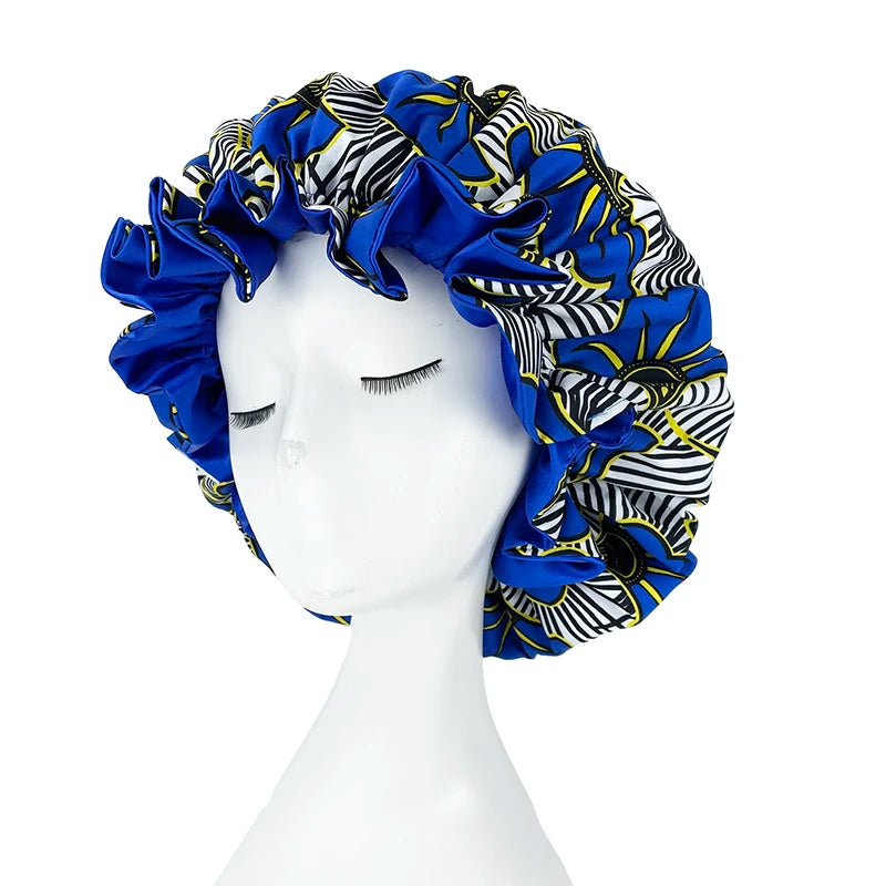 African Pattern Print Bonnet Hijabs Hat Women Night Sleep Cap Double Layer Satin Turban Extra Large Head Wear Lady Head Wrap Hat - NamafadStore