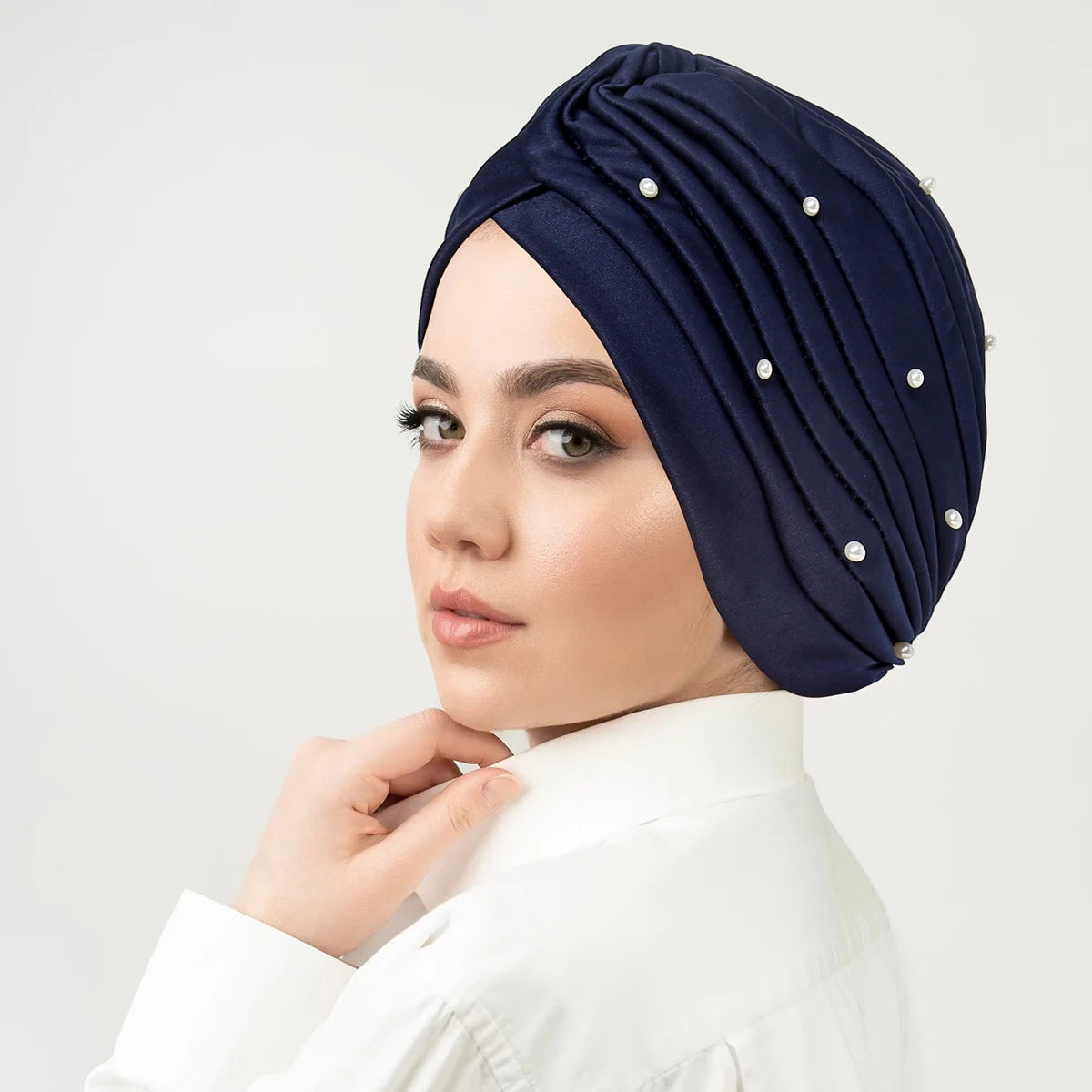 Solid Color Pearl Crinkle Women Muslim Hijab Caps Wrap Head Soft Elastic Ladies Turban Bonnet Islamic Clothing Accessories - NamafadStore