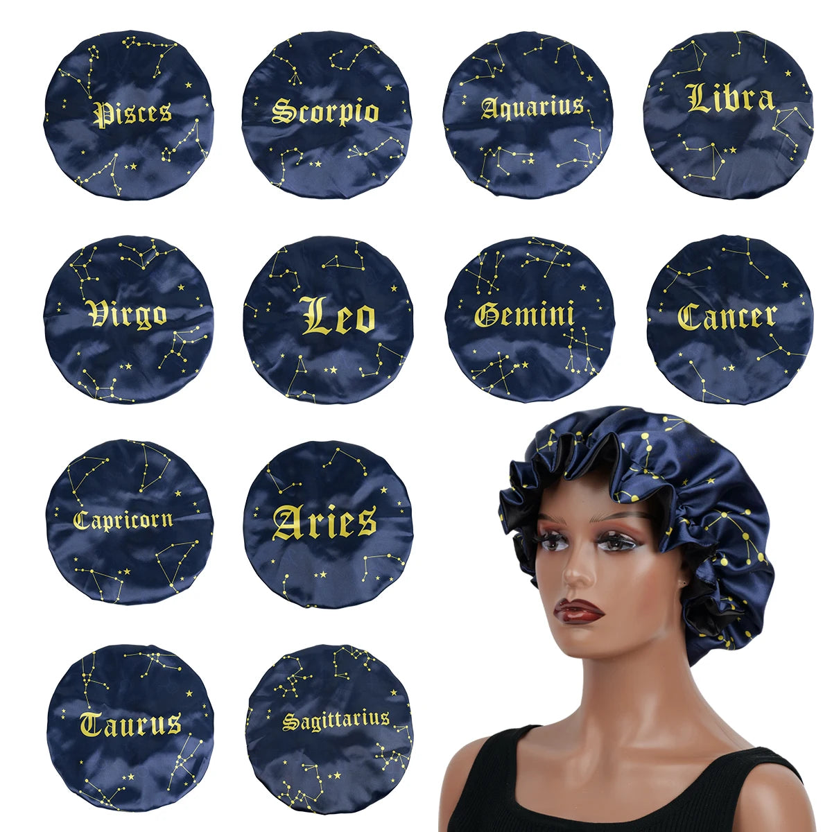 1PC Constellation Print Satin Sleep Bonnet with Wide Band Soft Wrap Comfortable Cap for Daily Use Makeup & Face Washing - NamafadStore