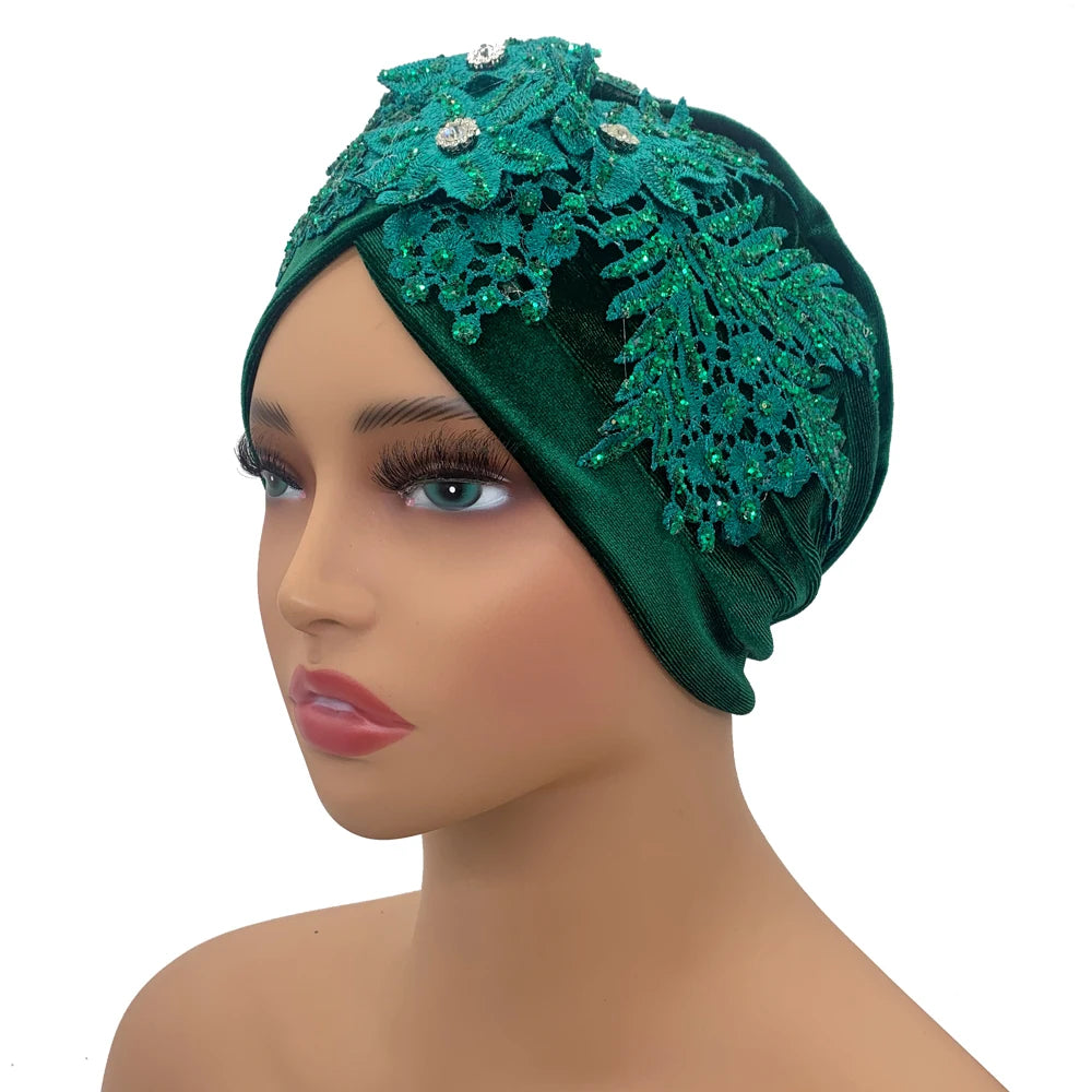 Applique Flower Embroidery Turban Caps for Women Ruffle Velvet Headscarf Bonnet Hat Female Head Wraps Turbante Mujer - NamafadStore