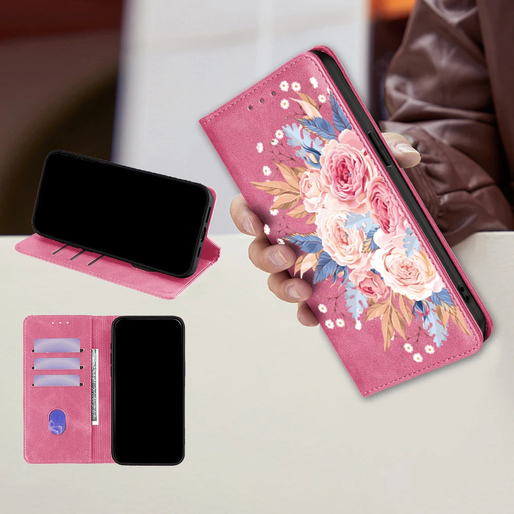 Flower Pattern Magnetic Leather Flip Wallet Case for iPhone 17 Pro Max 16 15 14 13 12 11 Pro Max 16 Plus Air Card Slots Holster