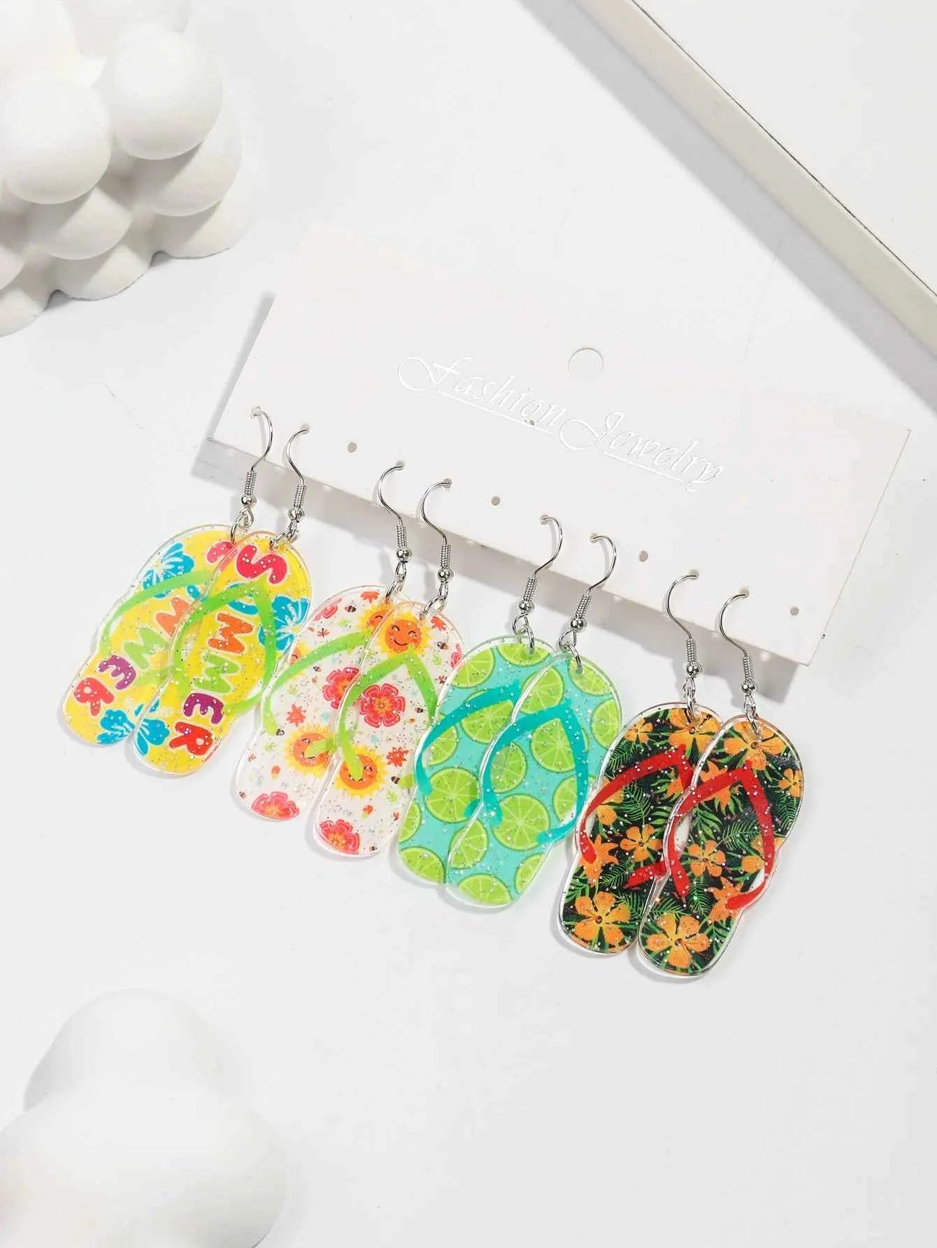 Bohomian Summer Acrylic Flower Slippers Earrings for Women Boho Resin Cute Lemon Leopard Print Shoes Earring Design Jewelry