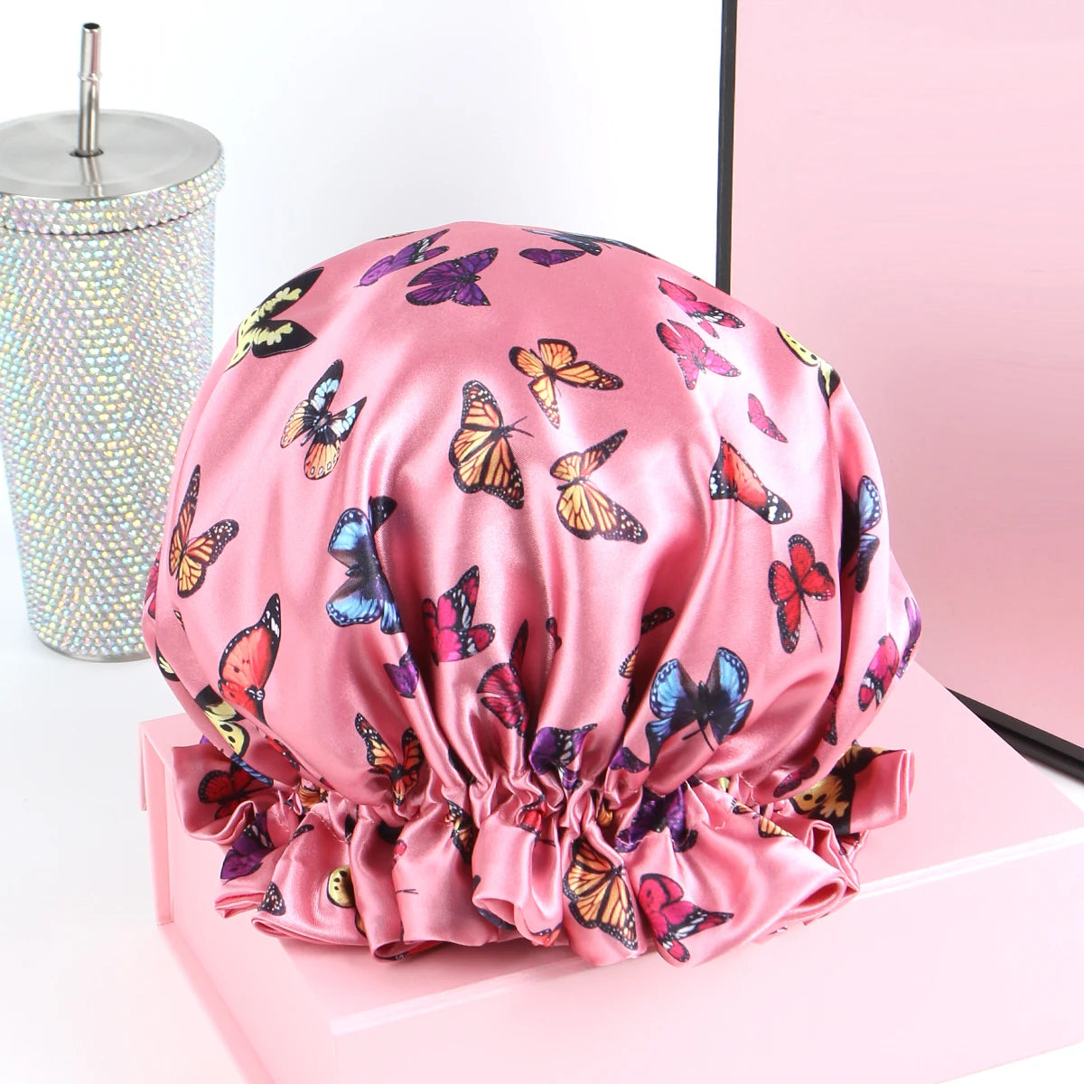 Pink Butterfly Double Layer Adjustable Satin Bonnet Cap Hair Protect Virgin Sleep Bonnet for Women And Girls - NamafadStore