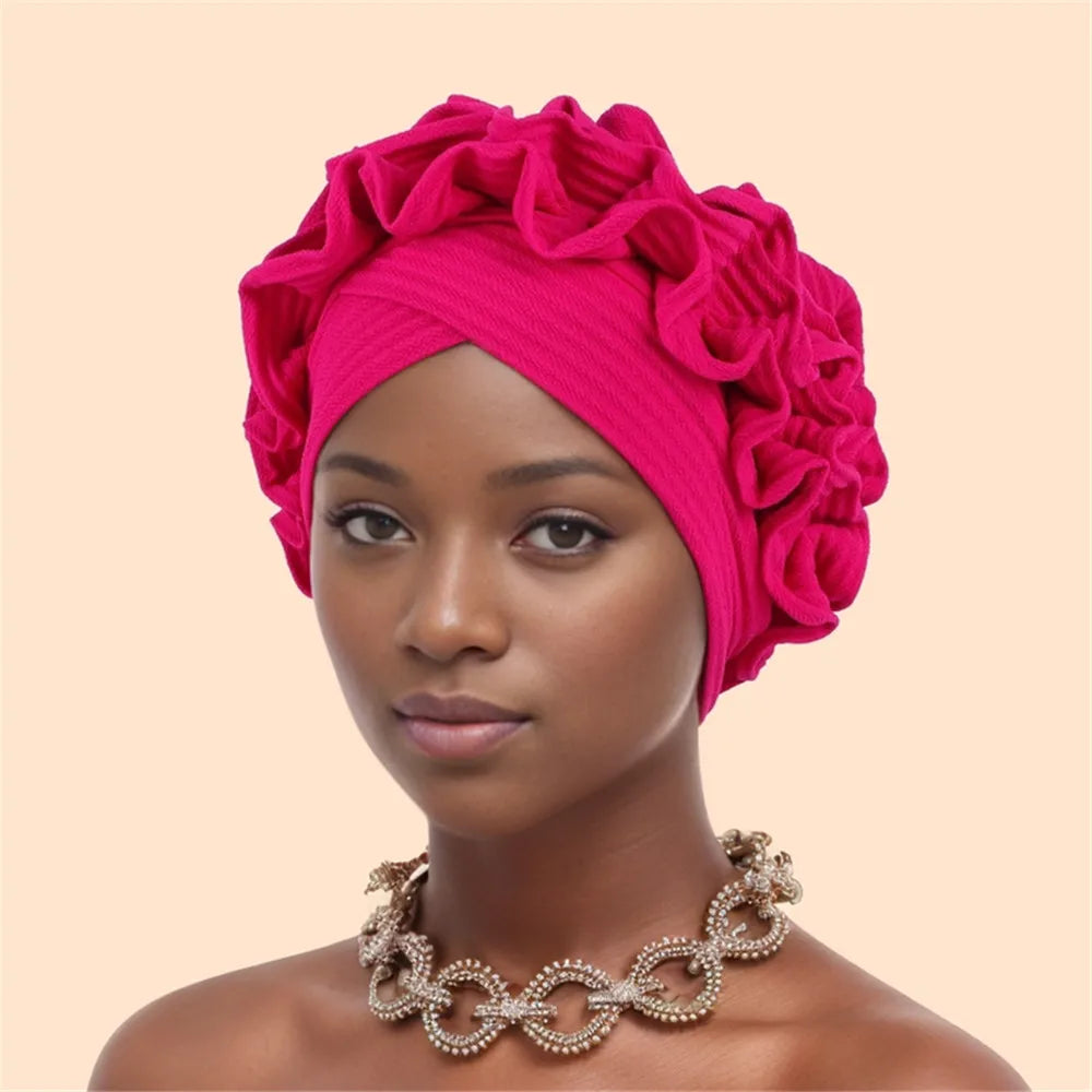Ruffled Turban Cap Women's Head Wraps Soft Comfortable Headscarf Bonnet Lady Soild Color Headgear - NamafadStore