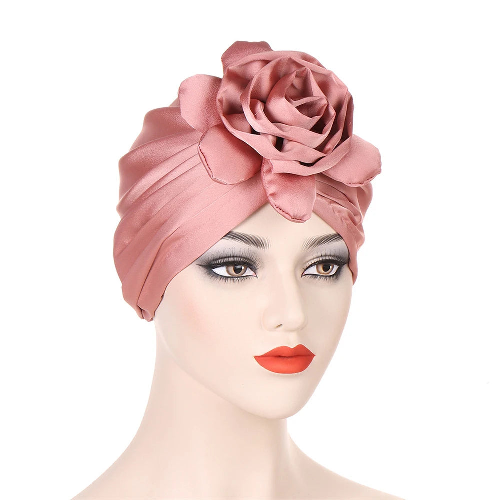 Big Flower Muslim Women Turban Satin Head Wrap Hijab Sleep Night Hat Chemo Cap Indian Elastic Beanie Ladies Hair Loss Headwear - NamafadStore