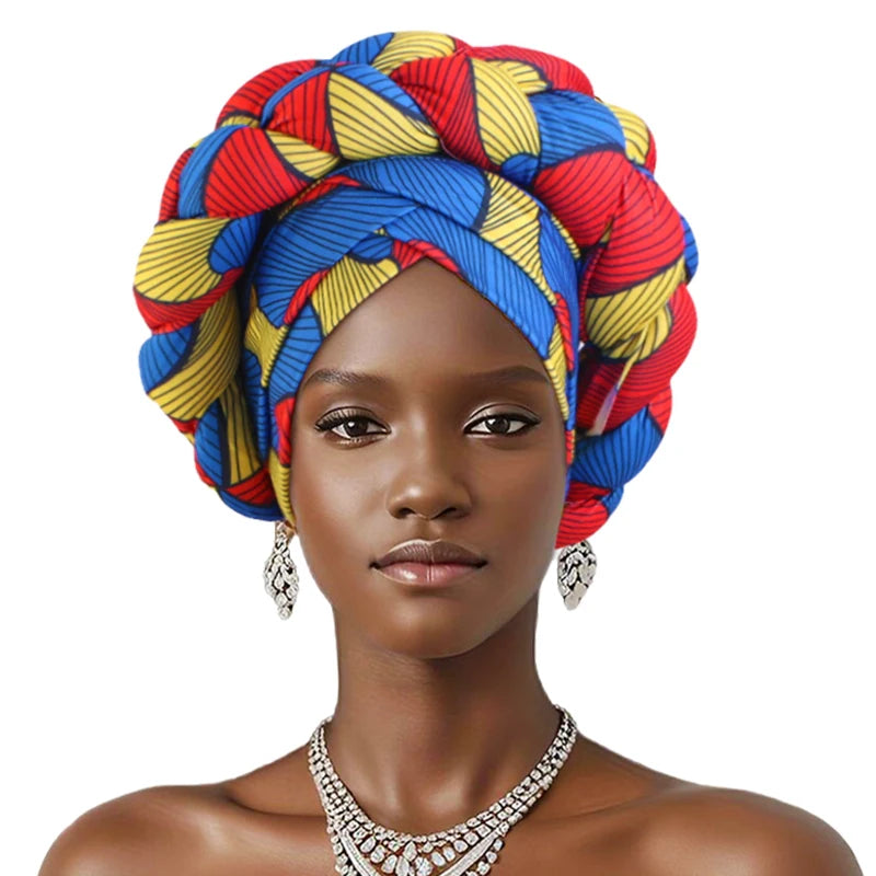 New African Print Twisted Large Braid Turban Hat Muslim Hijab Hat Elastic Head Wraps Headscarf Ramadan Headscarf Beanie Hats - NamafadStore