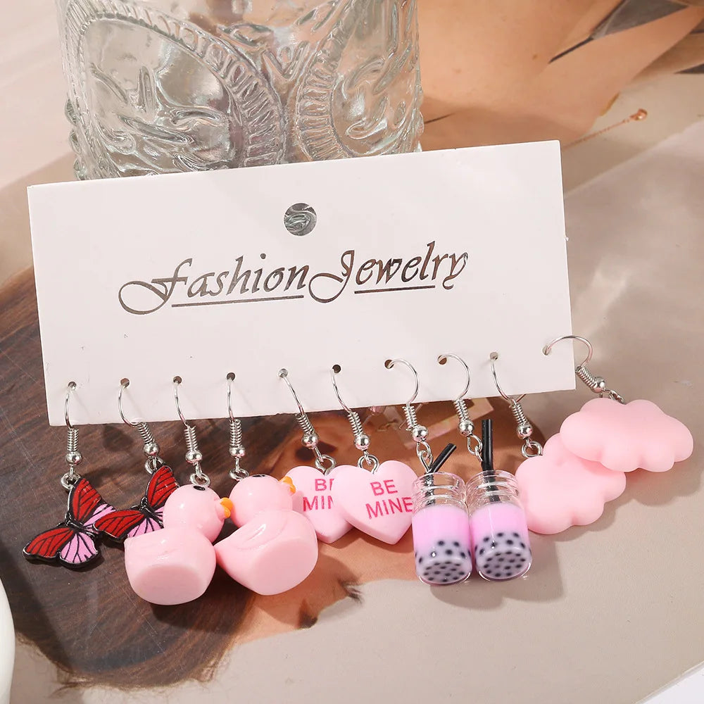 New Sweet Cartoon Dopamine Earrings Set For Women Colorful Cute Duck Butterfly Star Pig Drop Earring Party Earrings Jewelry Gift