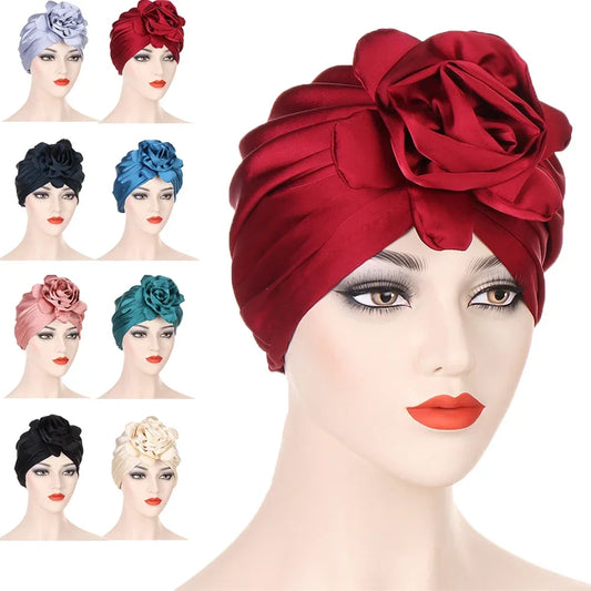 Big Flower Muslim Women Turban Satin Head Wrap Hijab Sleep Night Hat Chemo Cap Indian Elastic Beanie Ladies Hair Loss Headwear - NamafadStore