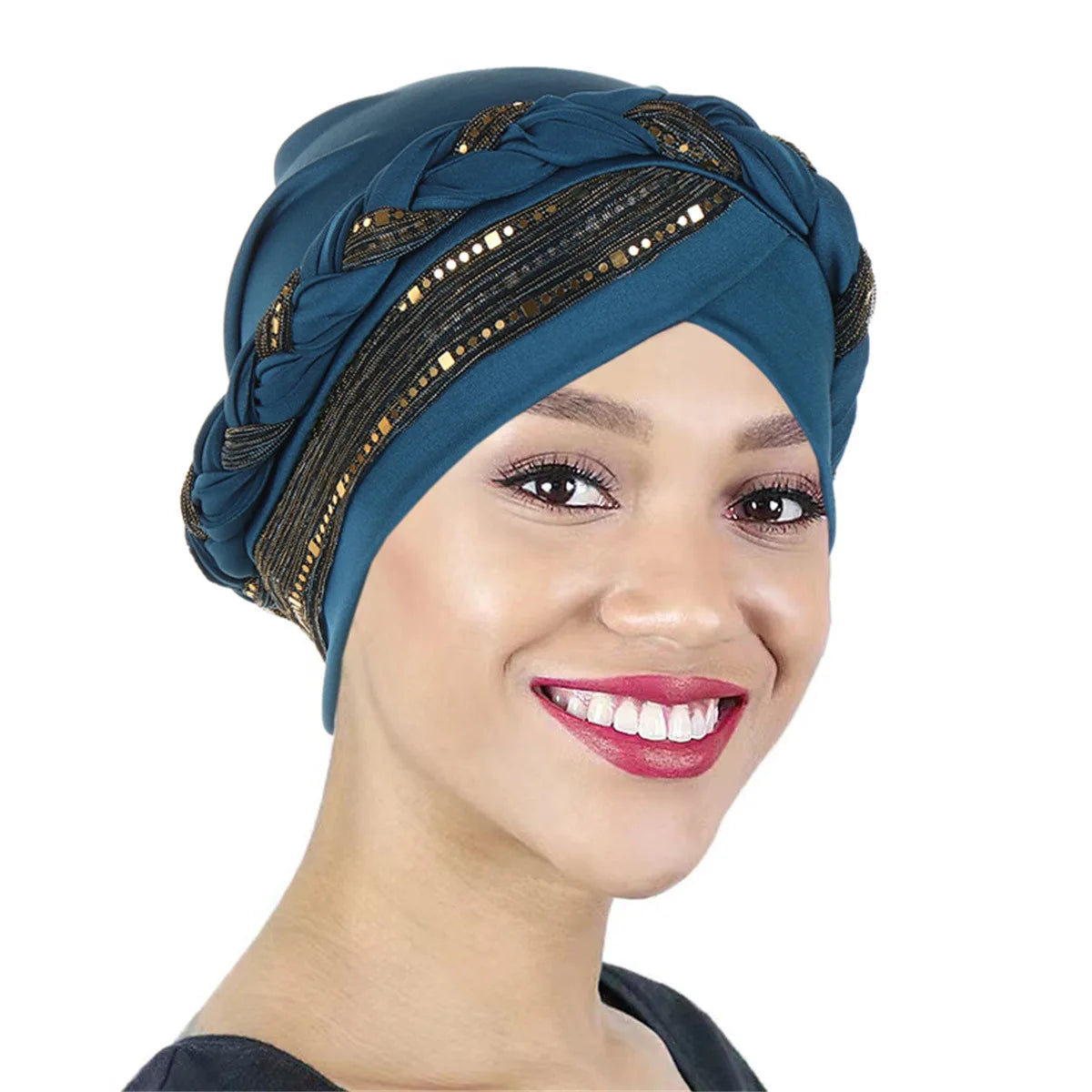 Color Blocked Bright Silk Braid Women Hijabs Turban Hat Solid Color Head Wraps Pre-tied Elastic Head Scarf Beanies Chemo Cap - NamafadStore