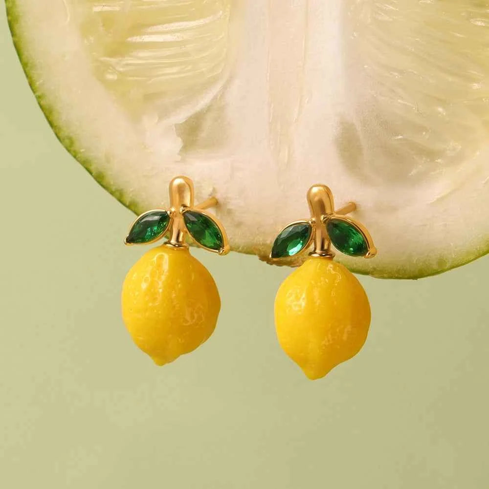 Liora eye-catching Fruit Lemon Drop Earrings for Women Stainless Steel Zircon Hypoallergenic Stud Earrings Jewelry Wedding Gifts