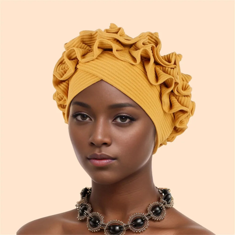 Ruffled Turban Cap Women's Head Wraps Soft Comfortable Headscarf Bonnet Lady Soild Color Headgear - NamafadStore