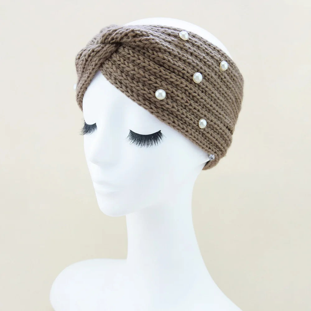 Fashion Pearls Knitted Headband Women Cross Knotted Hair Bands Autumn Winter Ear Warmer Protectors Wide Turban Hair Accessories - NamafadStore