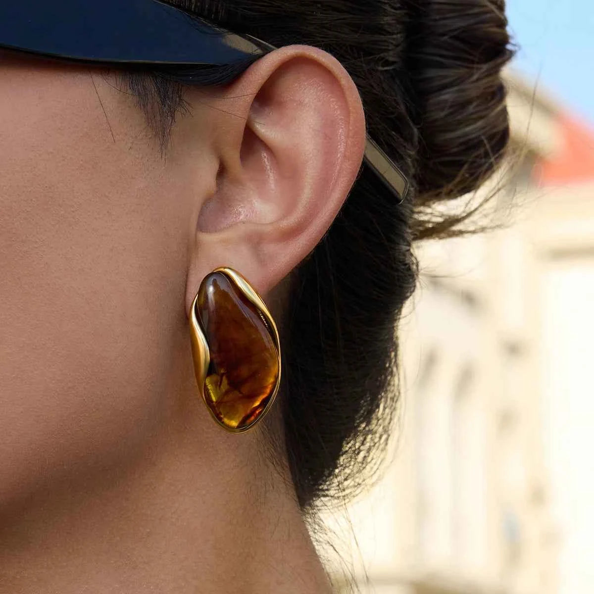 Youthway Irregular Resin Stainless Steel Stud Earrings 18K Gold Color-Plated Women's Fashion Jewelry for Party Wear