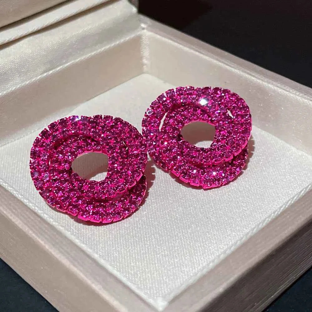 Luxury Shiny Colorful Rhinestones Stud Earrings for Women Bling Crystal Circle Flower Earrings Female Wedding Party Jewelry Gift