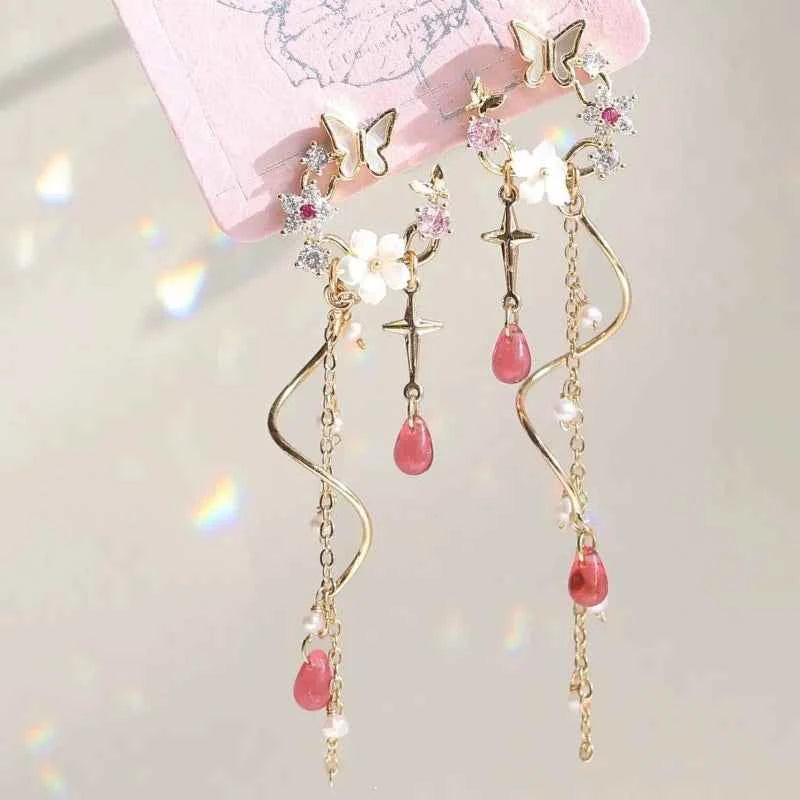 Luxury Flower Butterfly Long Tassel Drop Earrings for Women Exquisite Crystal Zircon Earrings Daily Accessories Party Jewelry
