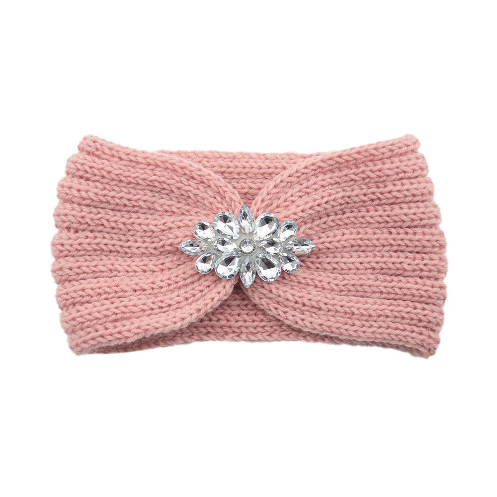 Elegant Women Rhinestone Knitted Hair Bands Ear Protection Headband Head Cover Face Washing Exercise Yoga Warm Wool Headwrap - NamafadStore