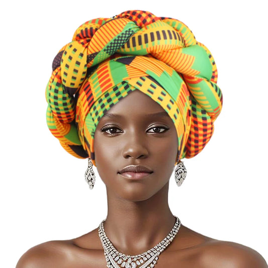 New African Print Twisted Large Braid Turban Hat Muslim Hijab Hat Elastic Head Wraps Headscarf Ramadan Headscarf Beanie Hats - NamafadStore