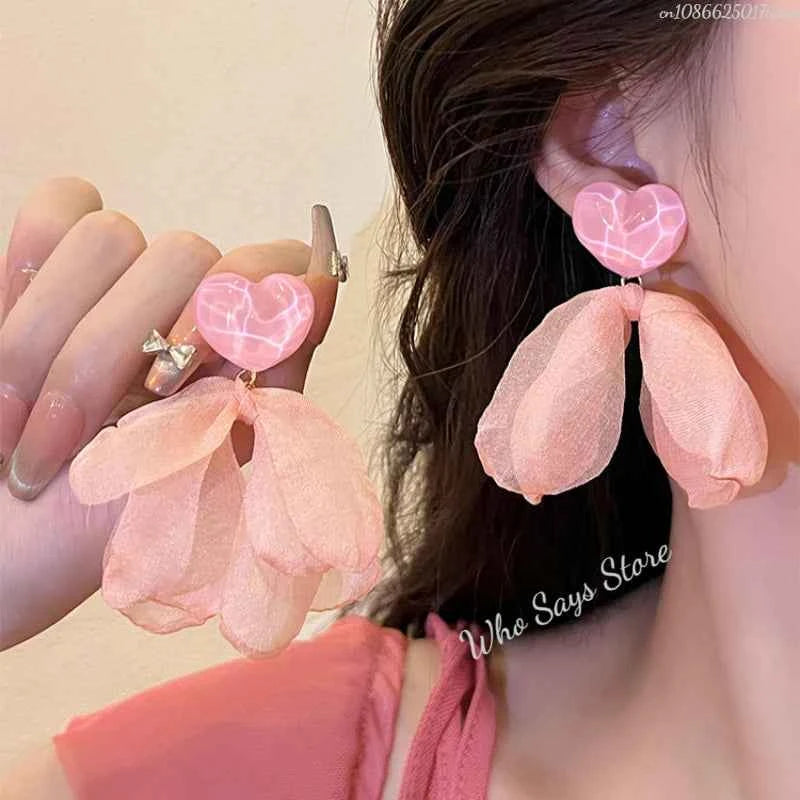 Vacation Style Flower Petal Earrings for Women New High-end Temperament Chiffon Earring Grand Super Fairy Sweet Earrings Серьги