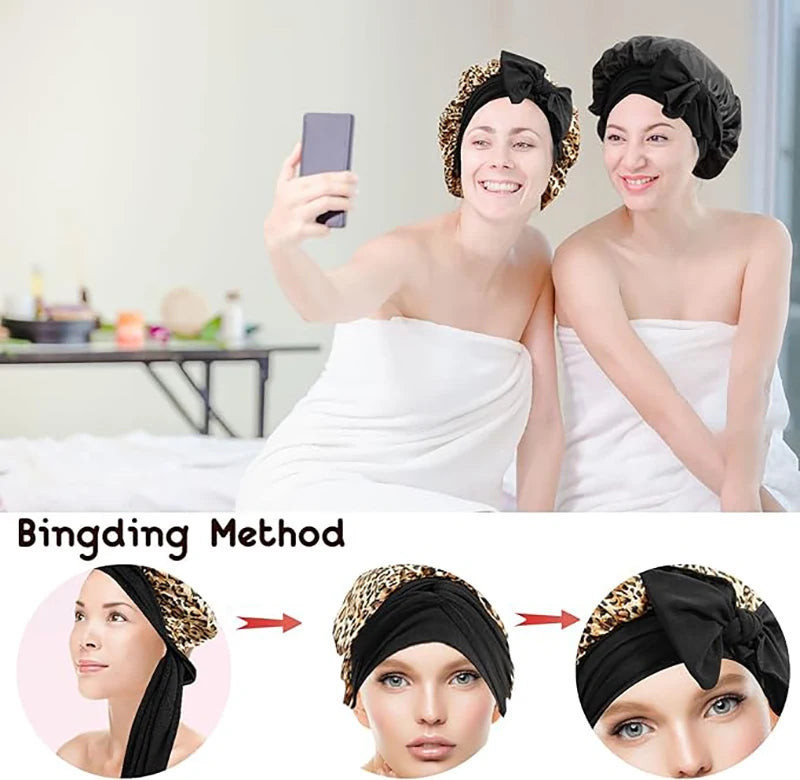 New Women Floral Satin Bonnet Printed Elegant Hair Bonnet with Tie Band Elastic Sleeping Night Cap Lightweight Shower Bath Cap - NamafadStore