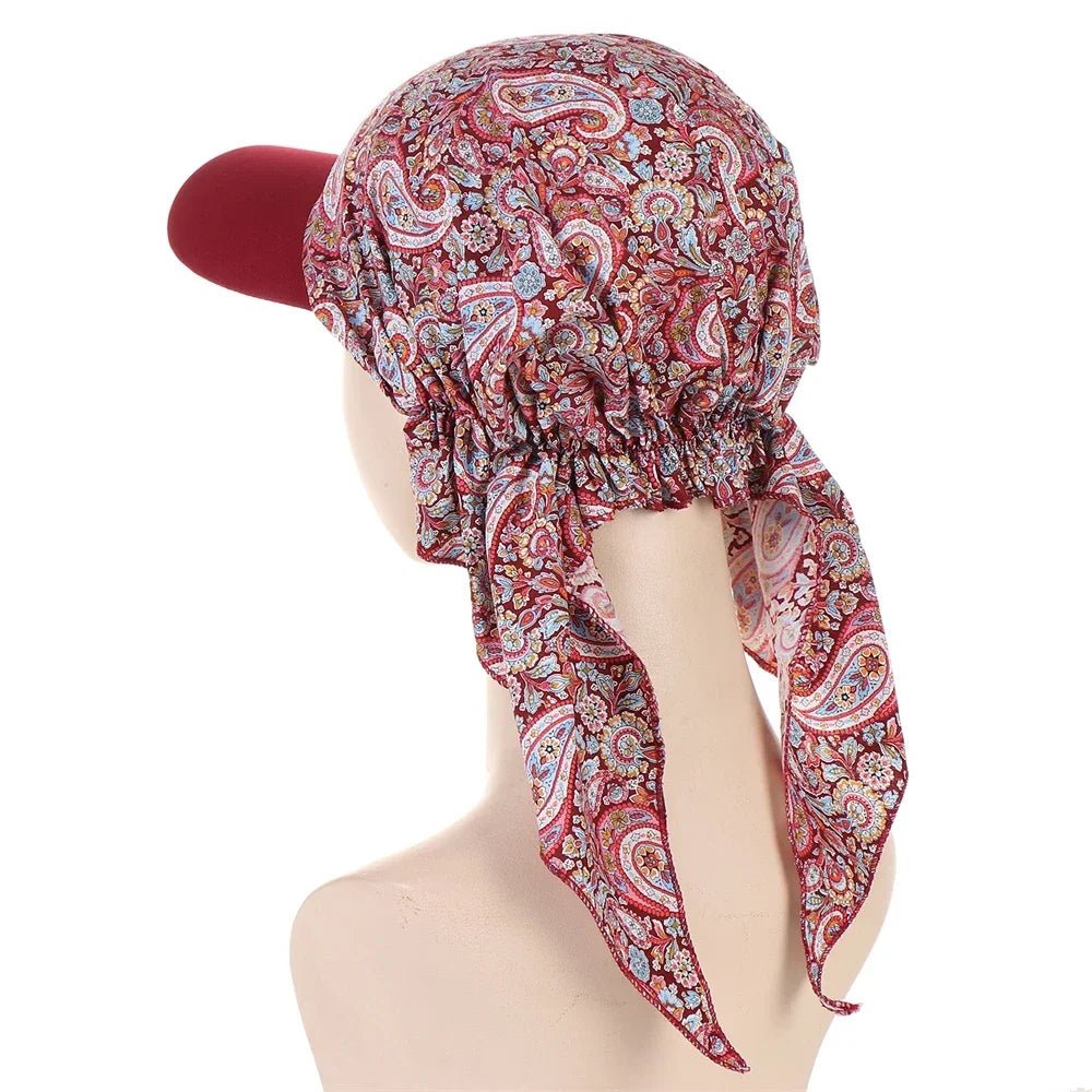 Fashion Muslim Floral Print Hijab Turban Hat for Women Visor Baseball Cap Sun Hats Headscarf Scarf Brim Femme Scarves Bandanas - NamafadStore