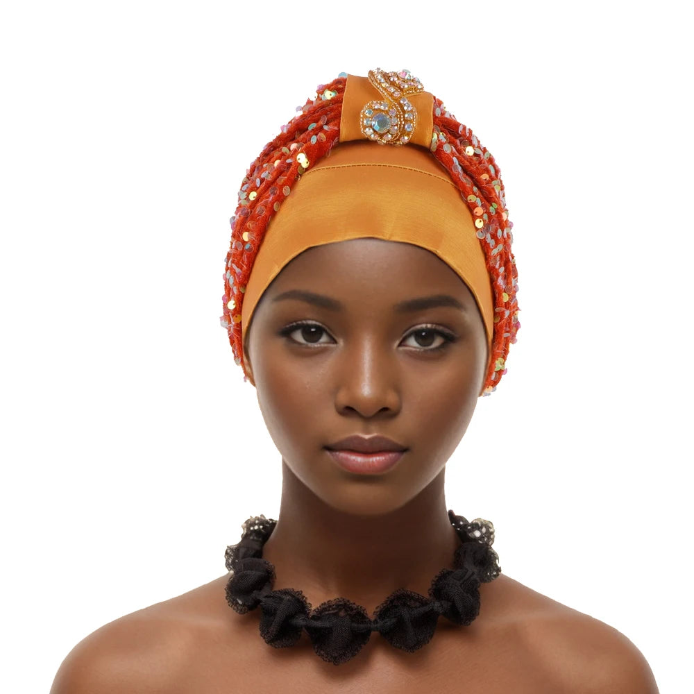 Shining Diamond Sequins Women's Turban Cap African Hat Headtie Bonnet Muslim Headwear Top Knotted Head Caps Turbante Mejur - NamafadStore