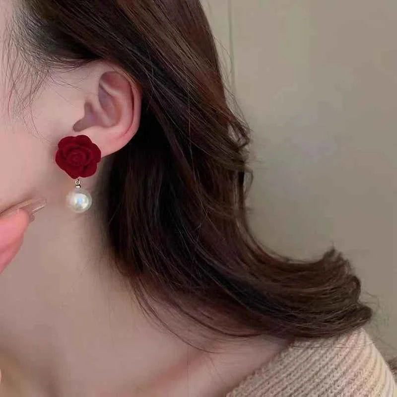 1Pair Wine Red Pearl Rose Flower Earrings Retro Wedding Ear Studs Chinese New Year Jewelry Earring