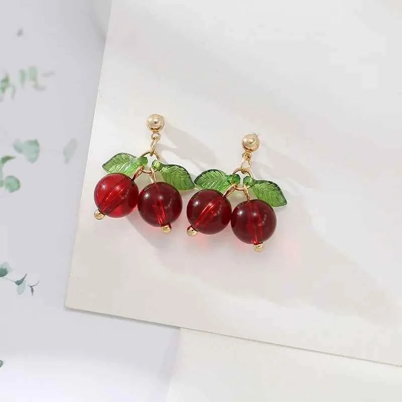 Non Pierced Ear Clips Japanese Green Grape Earrings Small Cute Transparent Fruit Cherry Clip on Earrings for Female Party Gifts