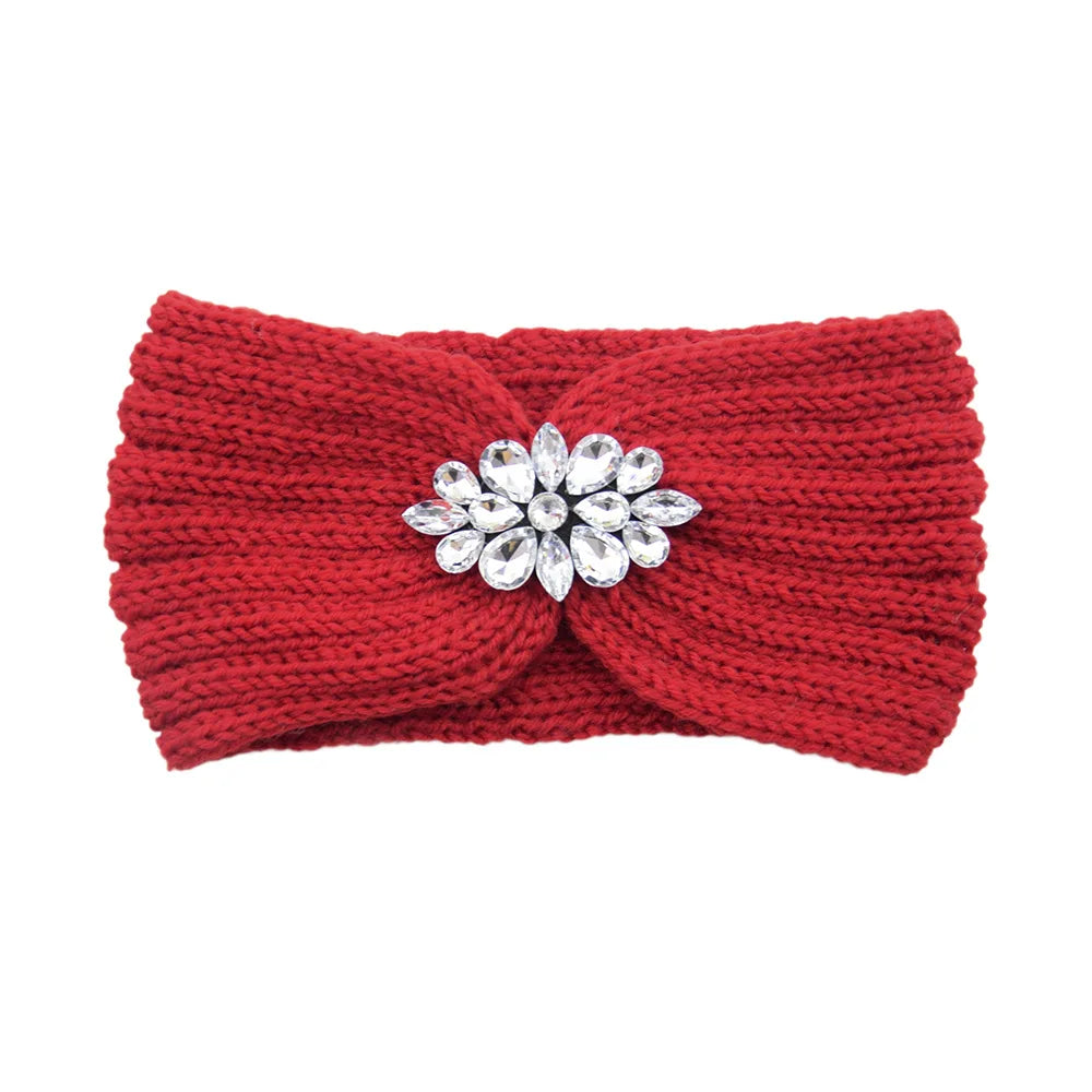 Elegant Women Rhinestone Knitted Hair Bands Ear Protection Headband Head Cover Face Washing Exercise Yoga Warm Wool Headwrap - NamafadStore