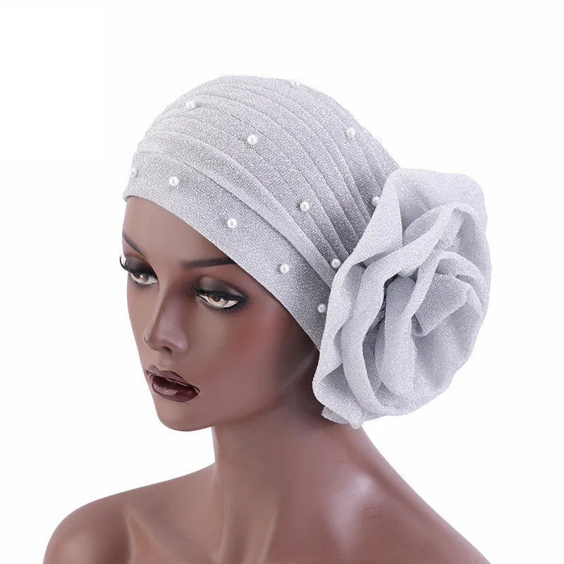 Summer Beading Flower Women's Turban Caps Stretchy Female Headwrap Bonnet Cancer Headwear Muslim Turban Hijabs Islamic Headscarf - NamafadStore