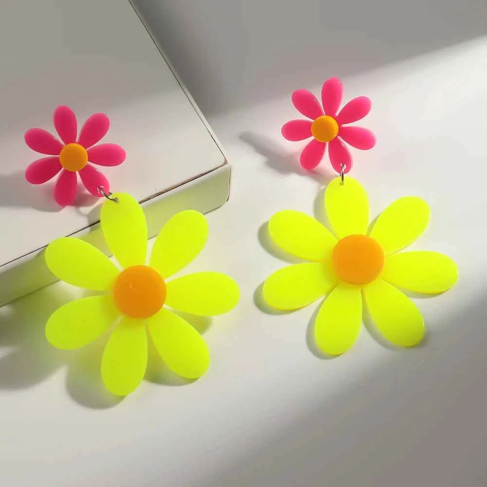 Boho Colorful Acrylic Sunflower Long Earrings for Women Korean Trendy Big Daisy Flower Drop Earring Cute Jewelry Birthday Gifts