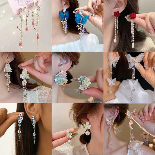 Luxury Flower Butterfly Long Tassel Drop Earrings for Women Exquisite Crystal Zircon Earrings Daily Accessories Party Jewelry
