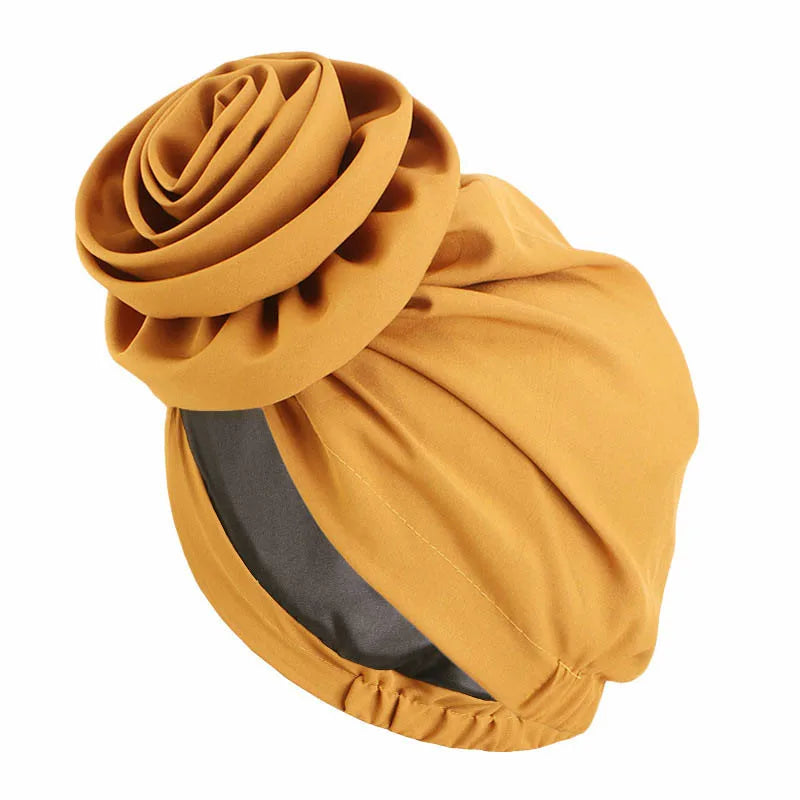 Satin Lined Woman Turban Cap Big Flower African Hat Solid Color Headwrap Bonnet Muslim Hijab Headscarf Ladies Beanies Headwear - NamafadStore