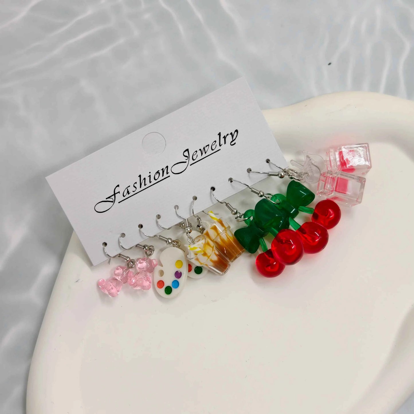 Small Fresh Candy colored Earrings Drawing Board Acrylic Colorful Little Bear Cherry Earnail Eardrop Set