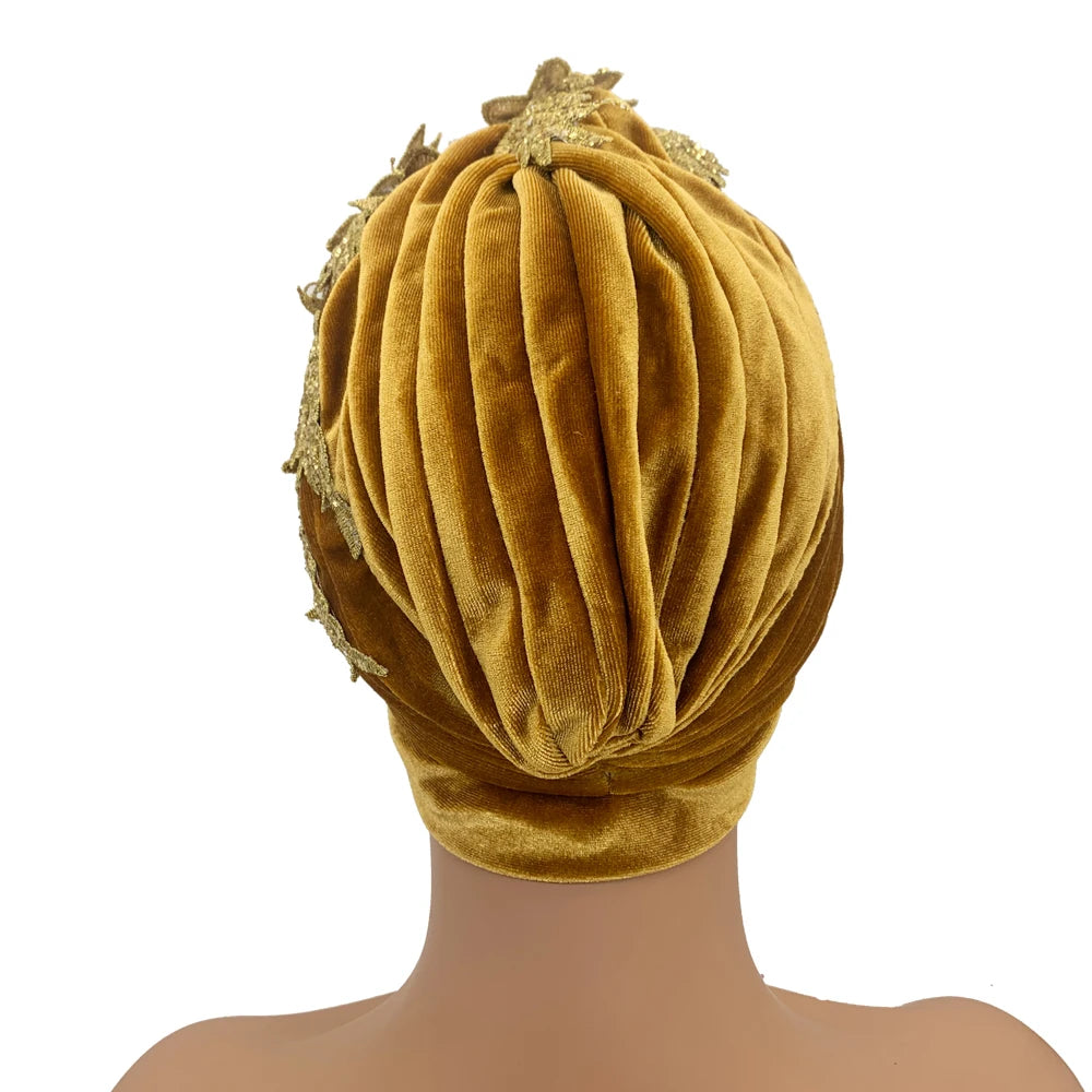 Applique Flower Embroidery Turban Caps for Women Ruffle Velvet Headscarf Bonnet Hat Female Head Wraps Turbante Mujer - NamafadStore