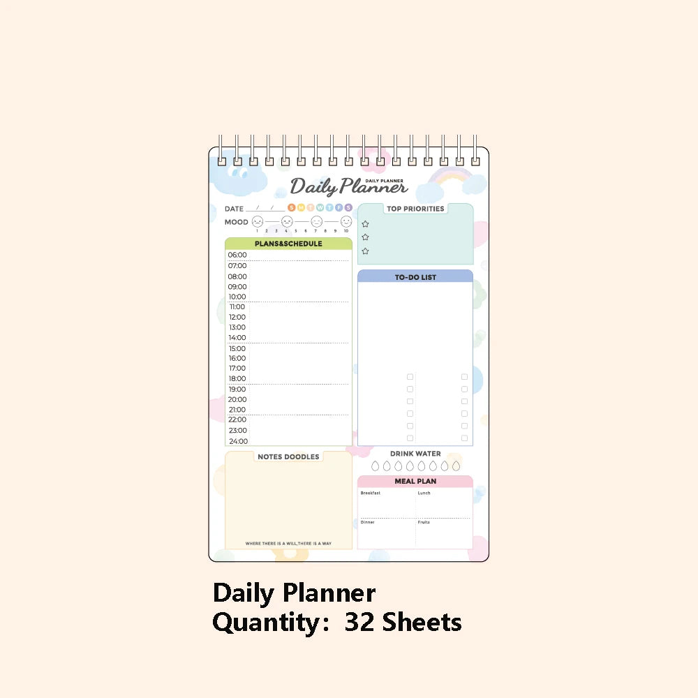 32sheets Cute Daily Planner Meal Planner Schedules Transparent PVC Hardcover Top Priorities Notepad Organizer Meal Plan Notebook