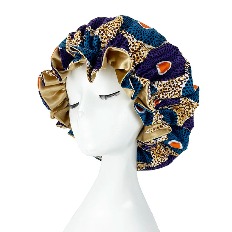 African Pattern Print Bonnet Hijabs Hat Women Night Sleep Cap Double Layer Satin Turban Extra Large Head Wear Lady Head Wrap Hat - NamafadStore