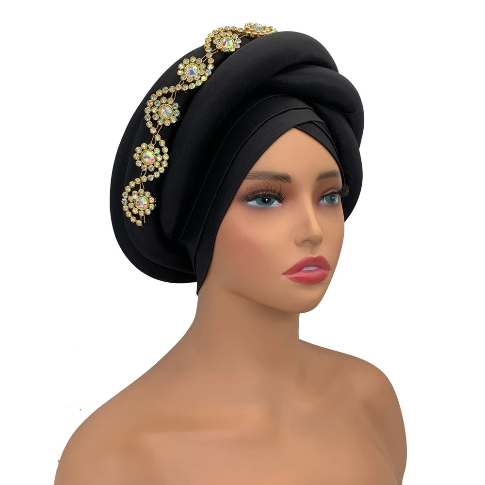 Twisted Braid Turban Cap for Women African Lady Head Wraps Diamonds Nigeria Raw Silk Autogele Headtie Muslim Hat Party Headwear - NamafadStore