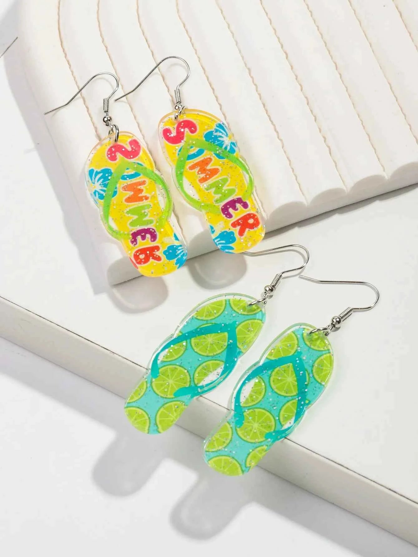 Bohomian Summer Acrylic Flower Slippers Earrings for Women Boho Resin Cute Lemon Leopard Print Shoes Earring Design Jewelry