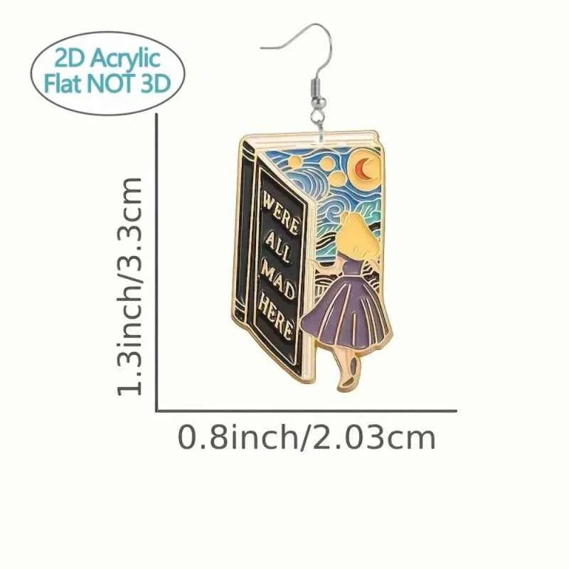 1 pair of art fairy tale book earrings 2D flat Alice image and classic statement casual party acrylic girl student earrings