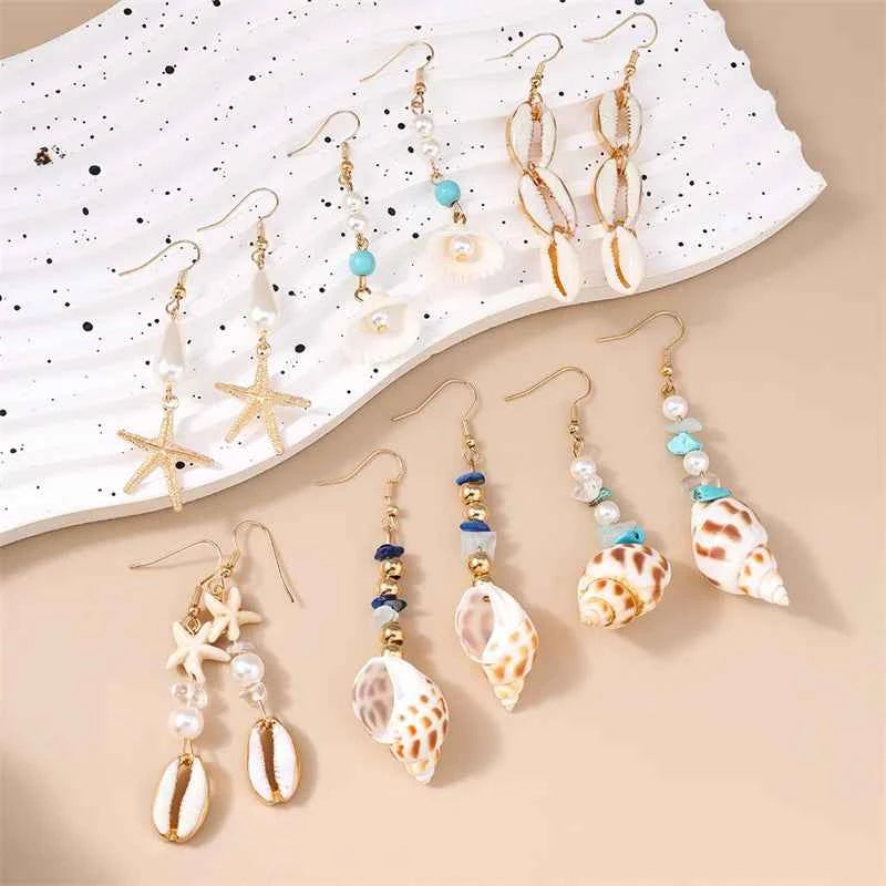 Cute Conch Starfish Shell Drop Earrings for Women Marine Organism Dangle Earrings Girls Students Party Holiday Jewelry Gifts