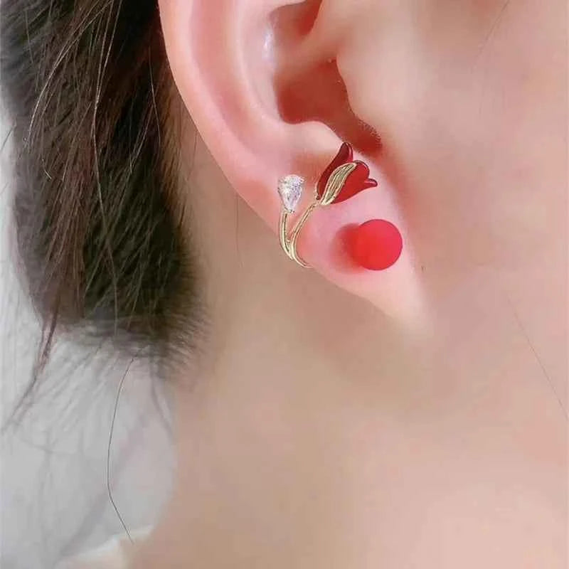 Korean Imitation Pearl Flower Earrings Fashion Crystal Zircon Red Rose Stud Earring for Woman Party Jewelry Christmas Gift