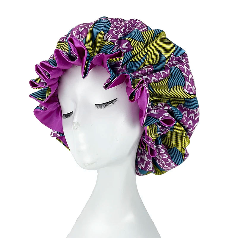 African Pattern Print Bonnet Hijabs Hat Women Night Sleep Cap Double Layer Satin Turban Extra Large Head Wear Lady Head Wrap Hat - NamafadStore